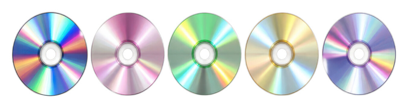Set of five shiny rainbow compact discs isolated on PNG transparent background