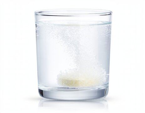 Effervescent vitamin tablet dissolving with bubbles in clear water glass isolated on white background