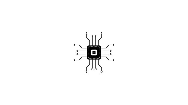 Animated black and white icon showing a microprocessor chip expanding its circuit lines on a clean white background, representing technology and data processing.