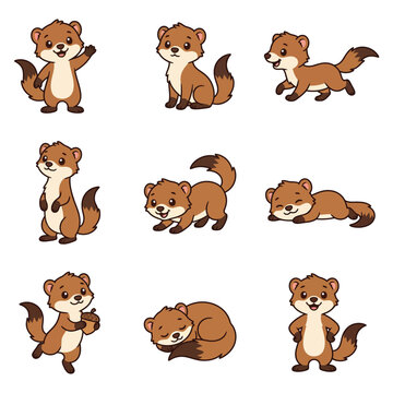 Set of cute cartoon weasels in various poses isolated on white background for children designs