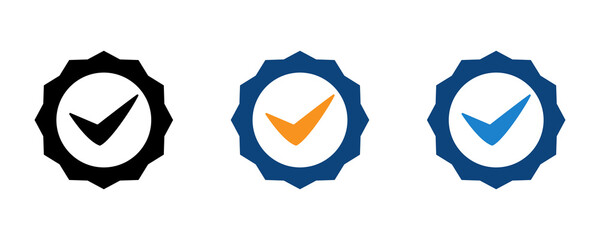 Collection of verified badge icons a checkmark symbol in multiple color variations on transparent background. © SAYEMART