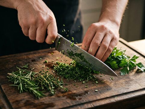 Chef Chopping Fresh Green Parsley On Cutting Board