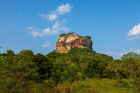 Sigiriya rock palace rising above the green jungle under a blue sky, Central Province, Sigiriya, Sri Lanka