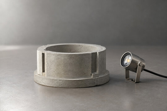 Concrete caisson model and spotlight on grey surface, engineering concept