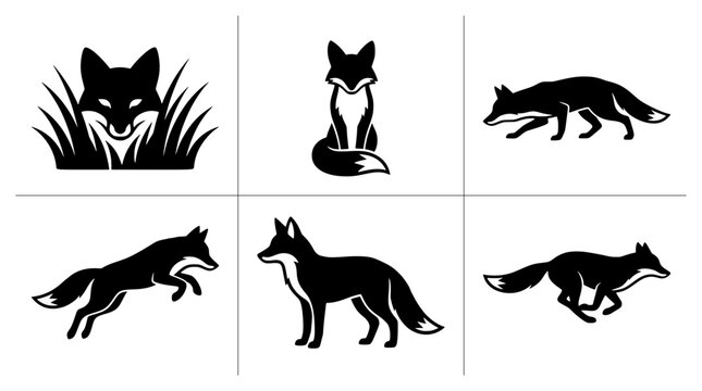 Fox silhouettes set with figures in grass, sitting, walking and running for logo or print
