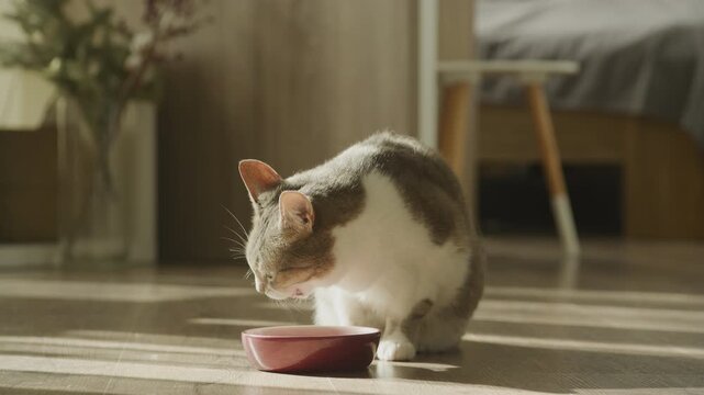 Tabby Turns Aside then Continues Eating from Red Bowl