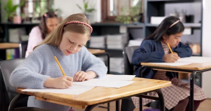 Girl, student and cheating in classroom for quiz, bad behavior and unprepared for assessment. Youth, dishonest and test in school with peaking, steal answer and plagiarism risk with education