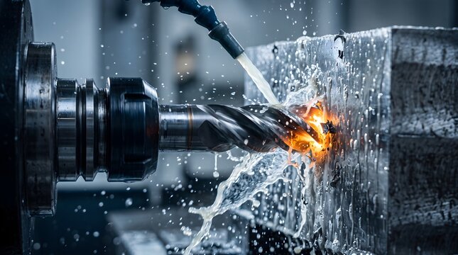 CNC milling machine bit drilling into a metal block with coolant fluid and sparks flying in a modern factory for precision engineering and manufacturing concept.