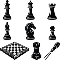 Classic Chess Pieces King Queen Rook Knight Pawn Board Carving Vector Icons Set © Kasem