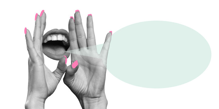 Two hands with pink nail polish frame an open mouth beside a pale speech bubble on a transparent background, suggesting speaking or communication in a studio setting.