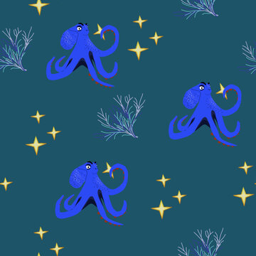 Cute blue octopus seamless pattern. Marine vector background