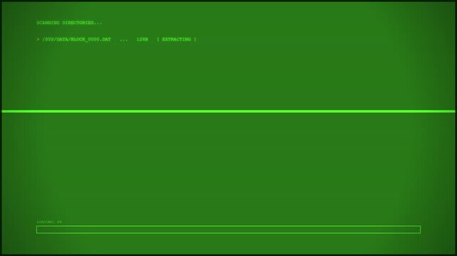 Green retro hacker terminal screen displaying code execution system boot and encryption bypass on dark crt display