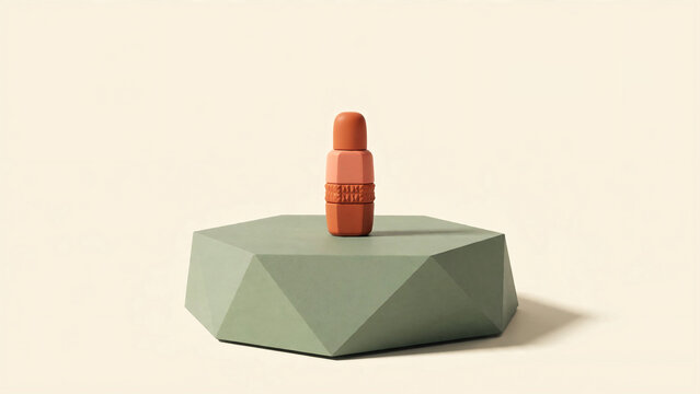 Minimalist flat lay composition featuring a peach toned lipstick on a geometric green hexagonal stand for beauty branding and cosmetic product photography