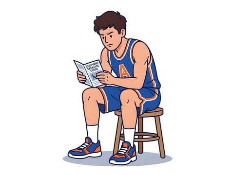 Basketball player sitting on a stool reading a recovery exercise guide for sports injury prevention