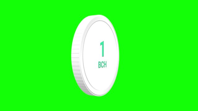 White 3D Bitcoin Cash coin with BCH text spinning on a bright green screen background for video compositing.