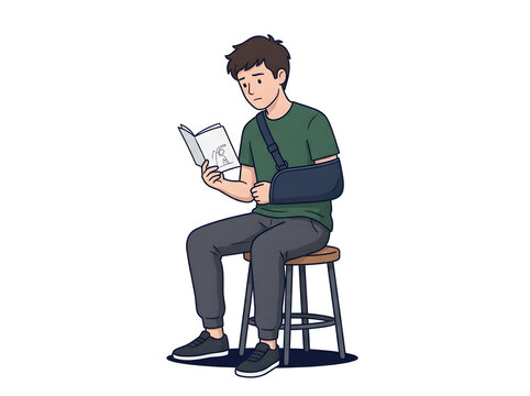 Sad young man with broken arm in sling sitting on stool reading a book isolated on white background