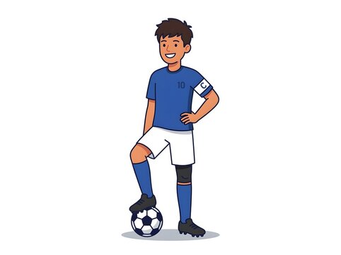 Young soccer player standing with ball wearing blue jersey and white shorts isolated on white background