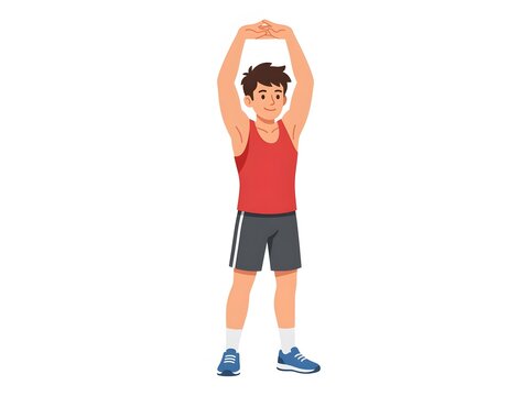 Young man stretching arms overhead in red tank top and shorts isolated on white background illustration