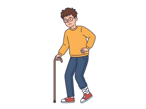 Young man with leg injury walking with a cane isolated on white background for medical illustration