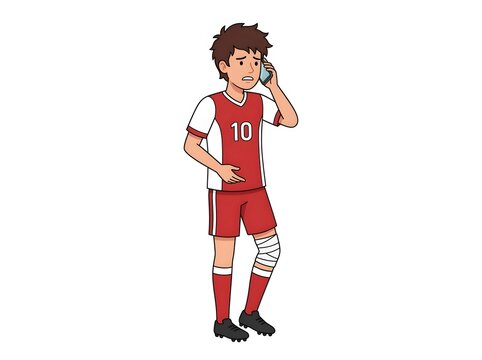 Injured soccer player in red uniform talking on mobile phone about his knee injury after the match