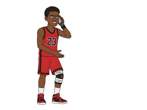 Frustrated basketball player in red jersey talking on smartphone with knee brace on white background