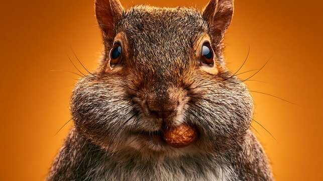 Funny Squirrel with Oversized Cheeks Holding a Nut Against Orange Background