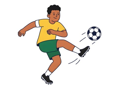 Young boy playing soccer kicking a ball in a flat vector illustration for sports and fitness design