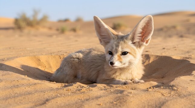 Fennec Fox Resting on Warm Desert Sand in Golden Hour Light