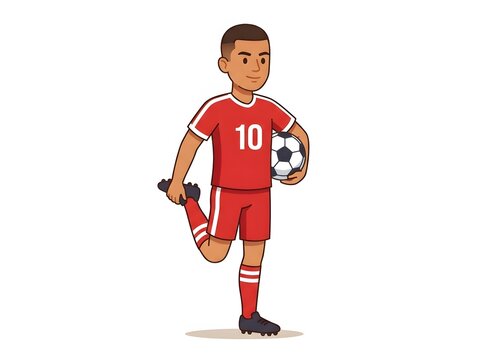 Young male soccer player in red uniform stretching leg and holding ball isolated on white background