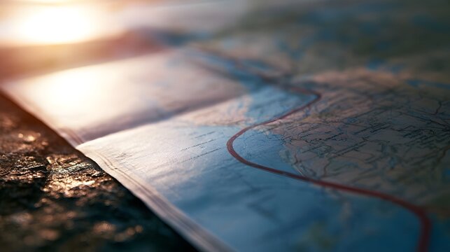 A detailed map with a red route line lies on a textured surface  illuminated by warm  golden sunlight from the upper left