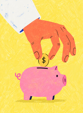Hand Putting Dollar Coin into Pink Piggy Bank Savings Concept Illustration