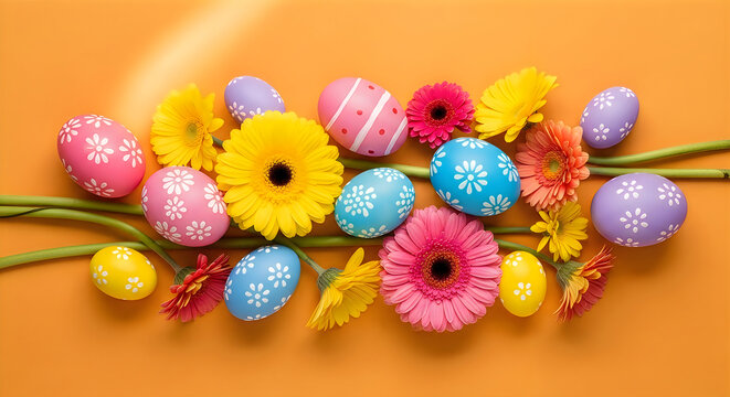 Colorful easter eggs and vibrant gerbera daisies on a warm orange background