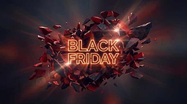 Dramatic black friday sale announcement with a fractured glowing neon text effect