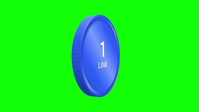 Blue 3D Chainlink coin spinning on green screen background for cryptocurrency and blockchain technology.