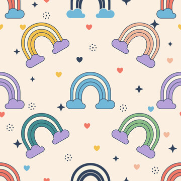 Multicolor Rainbow and Heart Seamless Pattern Background, suitable for textile design, wallpaper, packaging design for kids