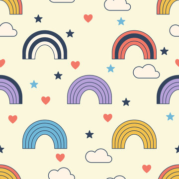 Seamless Pattern of Multicolor Rainbow and Cloud Cartoon Background, Suitable for textile design, wallpapper, packaging design about kids