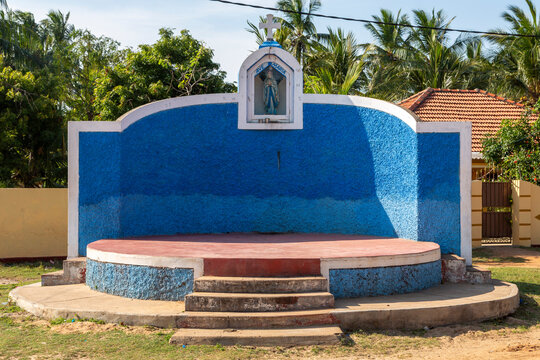 Blue and white Catholic shrine with a statue of the Virgin Mary, Northern Province, Mannar, Sri Lanka