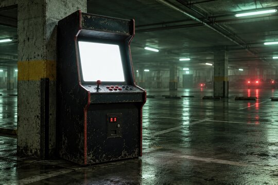Abandoned arcade cabinet in dim underground parking garage with wet floor