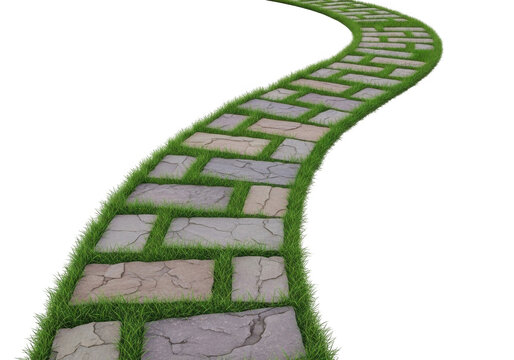 Curved stone path with green grass growing between the pavement blocks isolated on transparent background