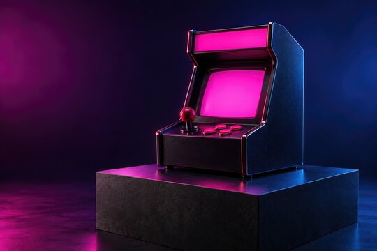 Arcade cabinet with hot pink screen on black pedestal in purple studio light