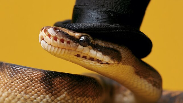 Funny Python Snake Wearing a Small Black Top Hat on Yellow Background