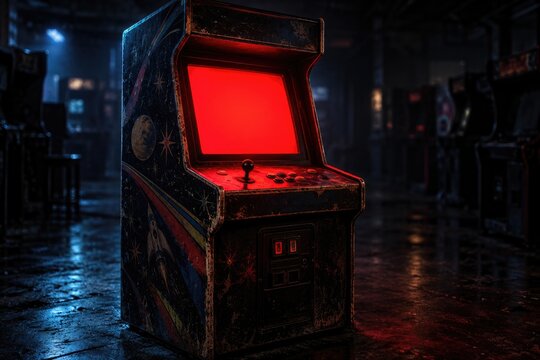 Weathered arcade machine with red glowing screen in dark empty hall