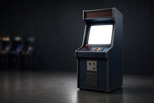 Navy arcade cabinet with blank screen in dark room with blurred machines