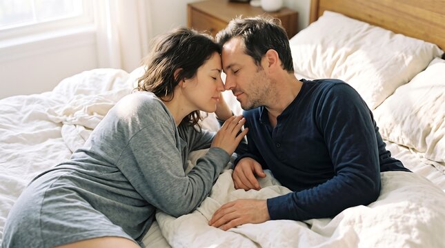 Loving couple sharing intimate moment in bed together with home life
