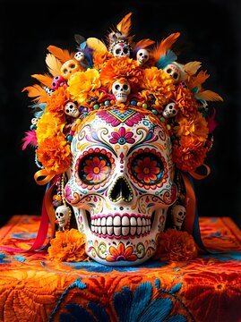 D&iacute;a de los Muertos decorative calavera illustration featuring a colorful skull with marigold flower ornaments, geometric patterns, and traditional Mexican cultural celebration elements.