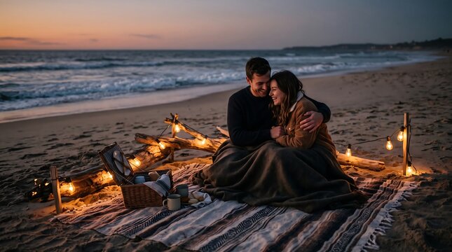 Couple sitting on blanket at beach with string lights during sunset