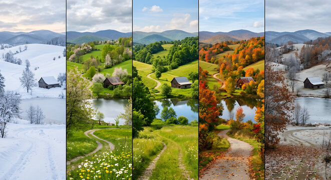 Four seasons countryside barn landscape panels