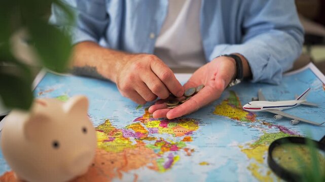 Man counting coins over world map with miniature airplane nearby, symbolizing financial planning, saving money for immigration, budgeting for international relocation, preparing for new life abroad