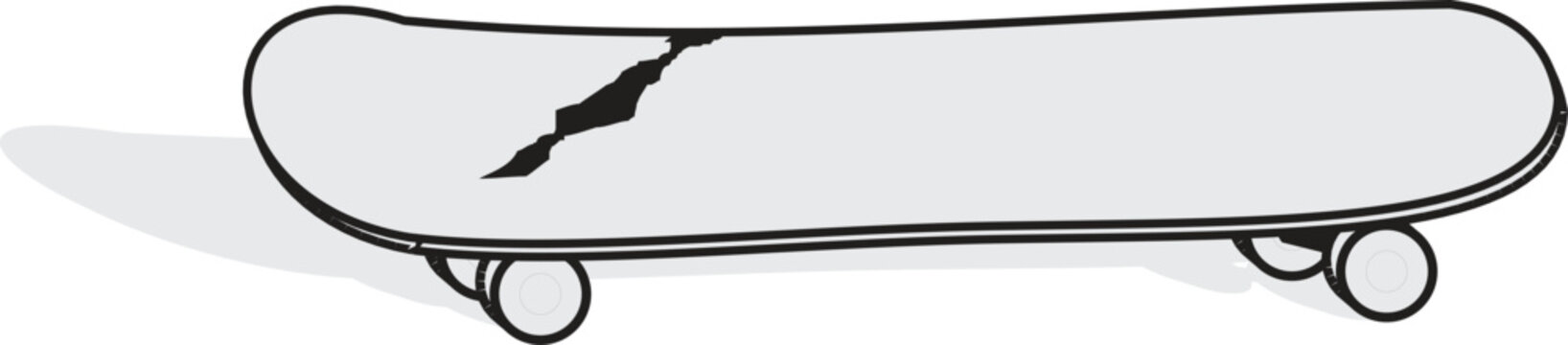 Minimalist hand-drawn illustration of a cracked and broken skateboard deck featuring a thick black outline, light gray fill, and a flat drop shadow.