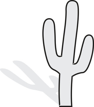 Minimalist hand-drawn illustration of a saguaro cactus featuring a thick black outline, pale gray fill, and a flat drop shadow
